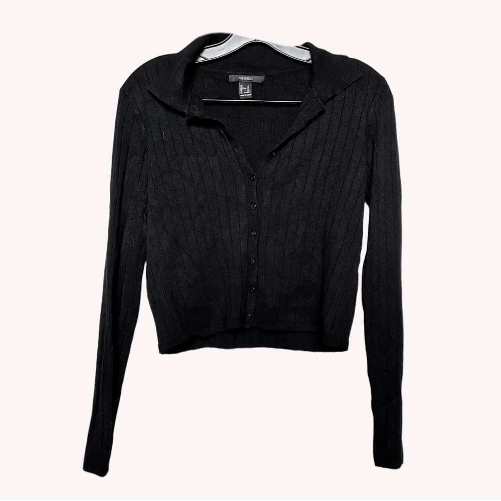 Forever 21 top ribbed black long sleeve collared button down shirt cropped
